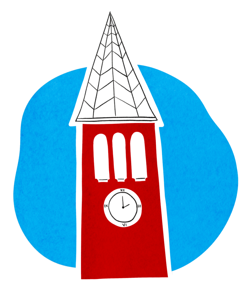 two-color illustration of McGraw Tower and the clock on a blue background