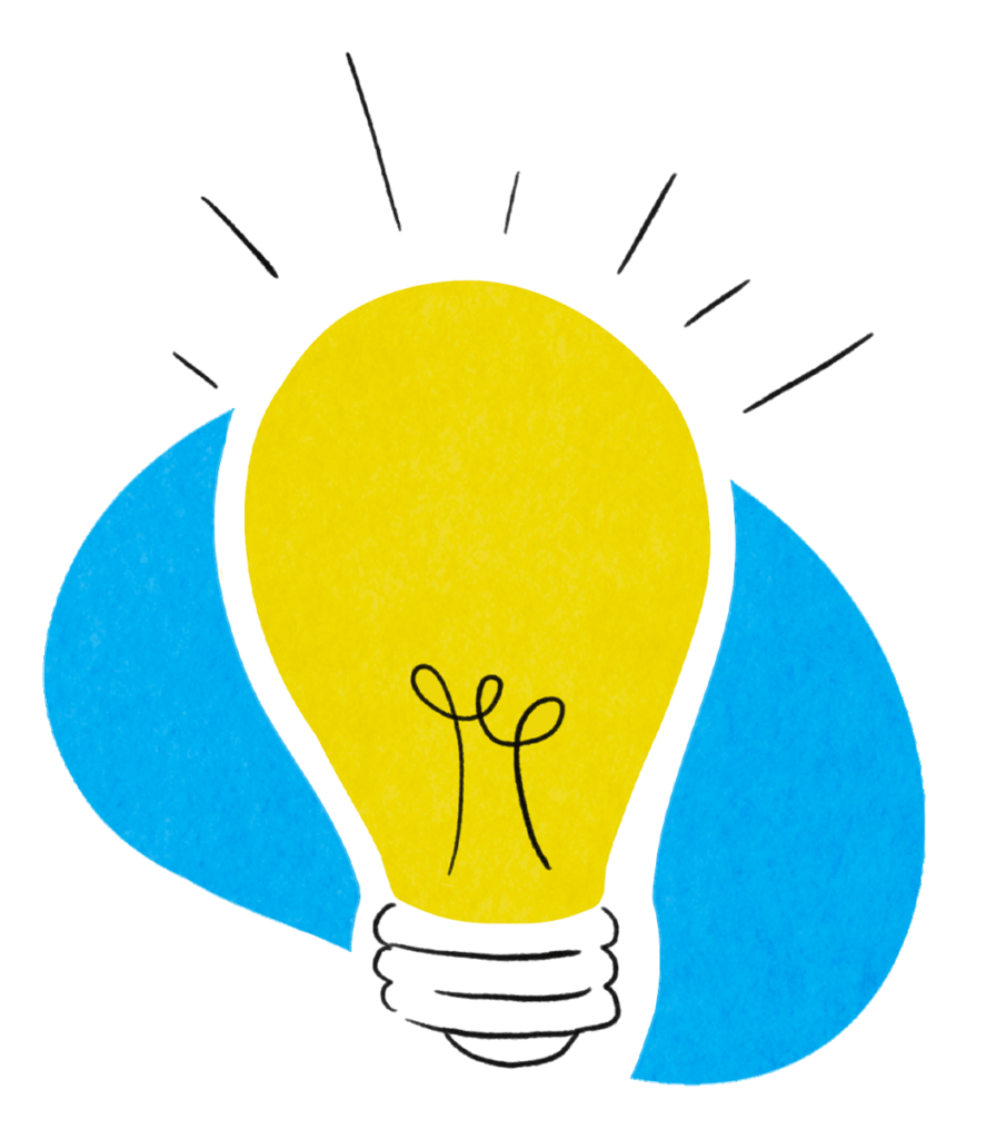 two-color illustration of an illuminated yellow light bulb on a blue background