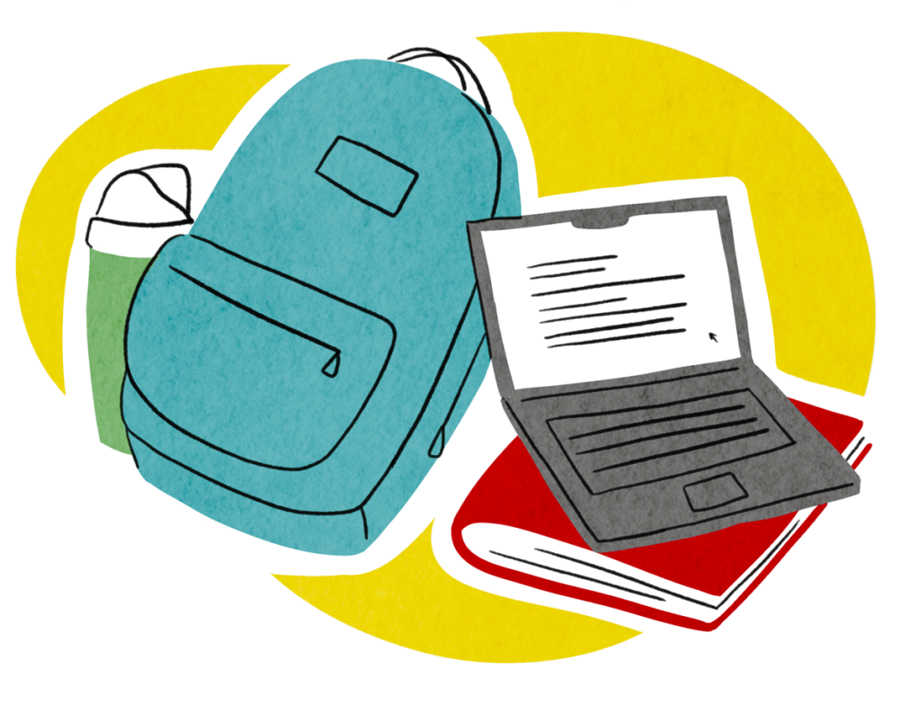five-color illustration of a backpack, water bottle, laptop and a book or notebook on a yellow circular background