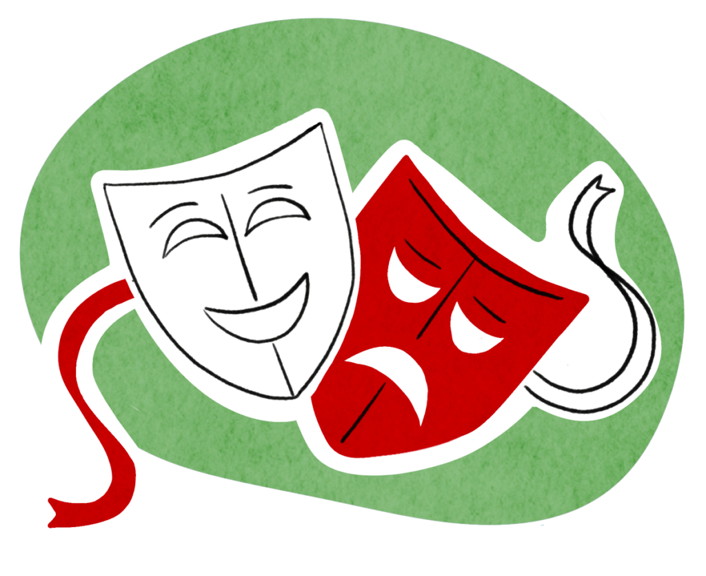 two-color illustration of comedy-tragedy theater masks on a green background