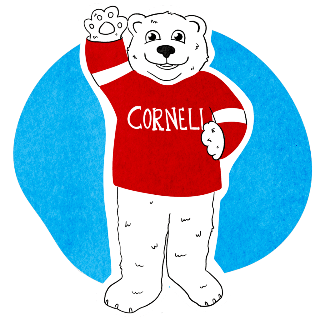 two-color illustration of Touchdown the Big Red Bear wearing a red Cornell sweatshirt and waving on a blue circular background