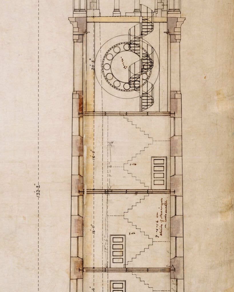 detail of original schematic plans for Cornell's Library Tower, showing shelving units on several floors below the clock and chimes
