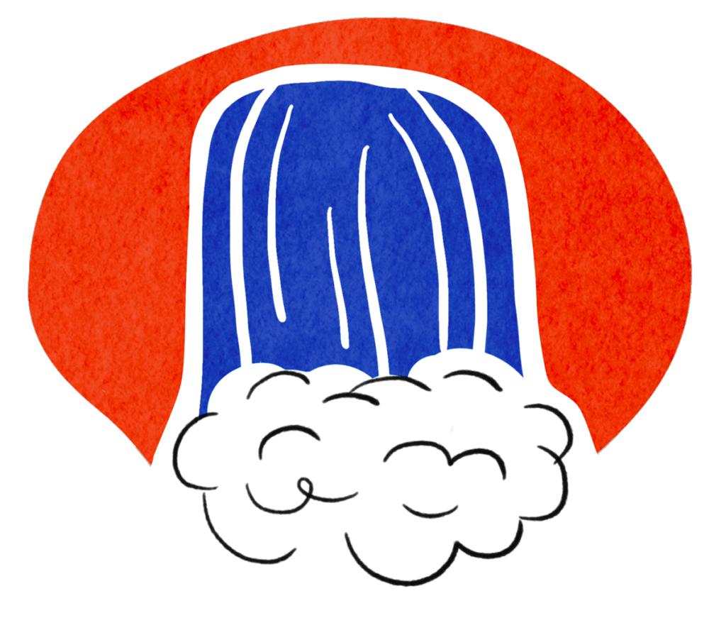 two-color illustration of an icon representing a waterfall on an orange-red background