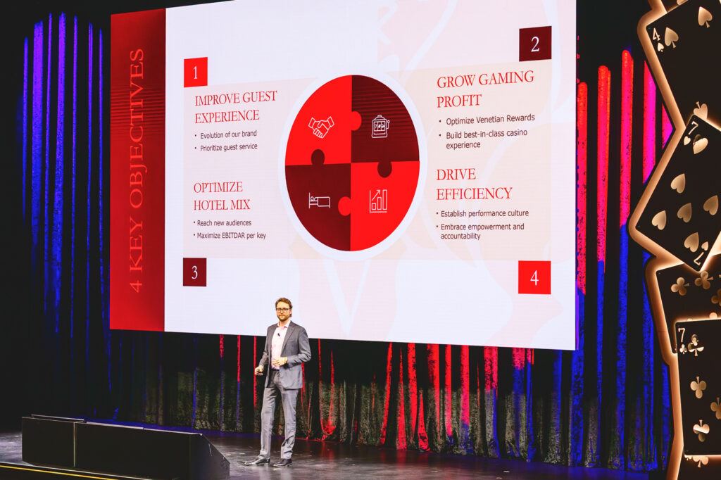 Patrick Nichols leading a town hall at the Venetian resort