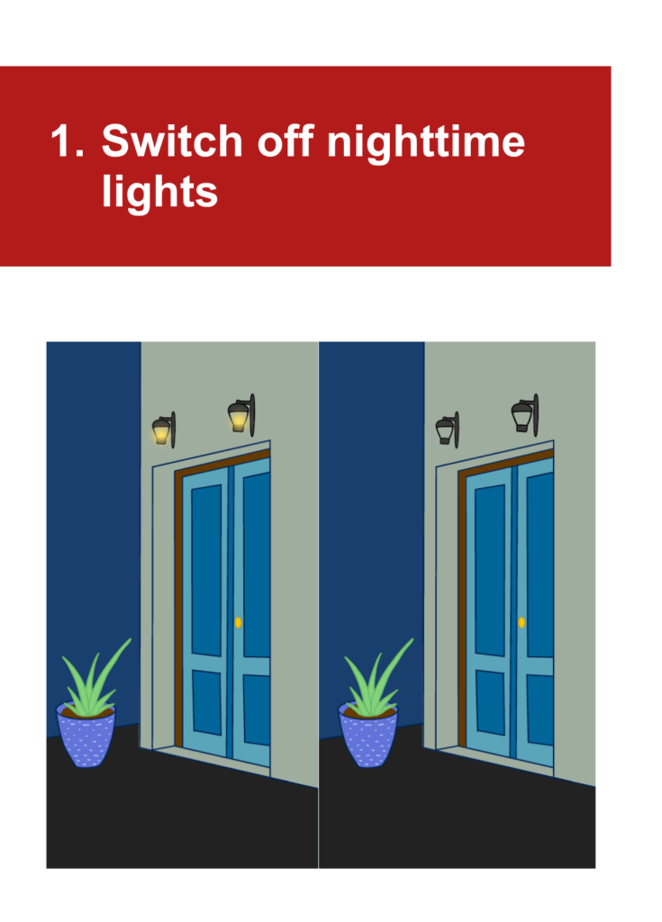 Illustrations of the same front door with and without exterior lights, under the heading "1. Switch off nighttime lights"