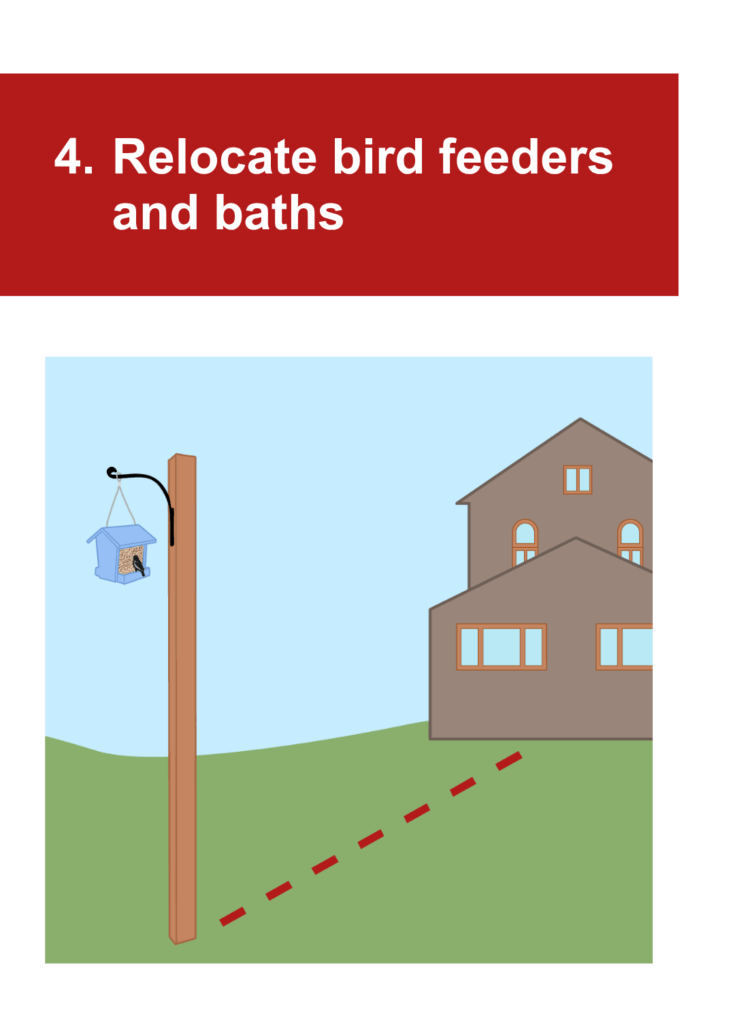 An illustration of a bird feeder located far from a house, under the heading, "4. Relocated bird feeders and baths."