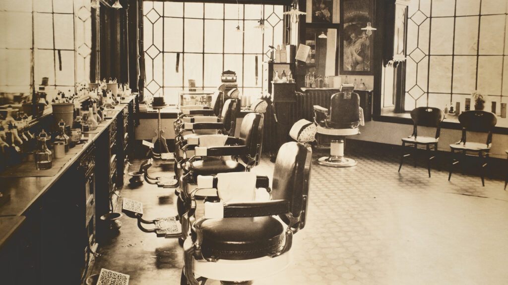 interior view of a barber shop on the ground floor of Sheldon Court in 1930