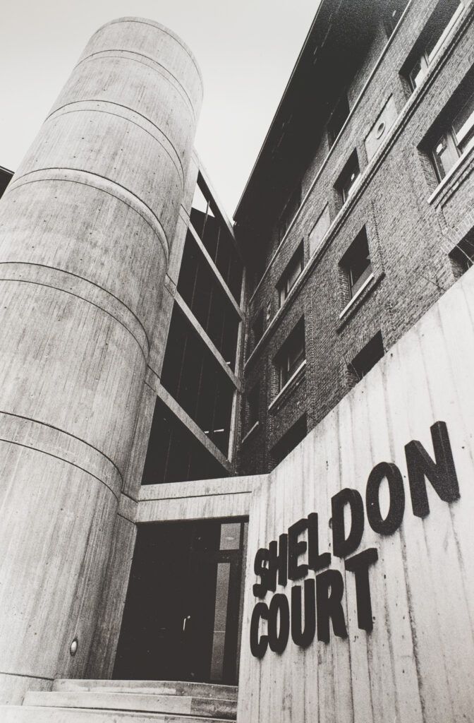 rear view of Sheldon Court, showing the elevator shaft added to the building, along with a fifth floor, in 1981–82