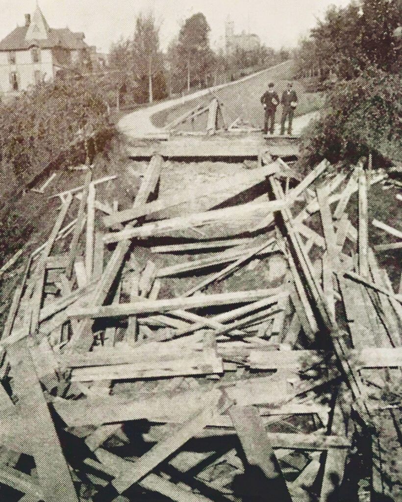 A pile of lumber from infrastructure destroyed on “Gate Eve” on Halloween.
