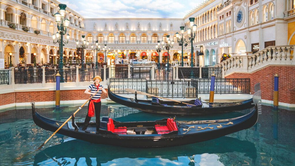 A gondolier in an artificial canal at the Venetian resort