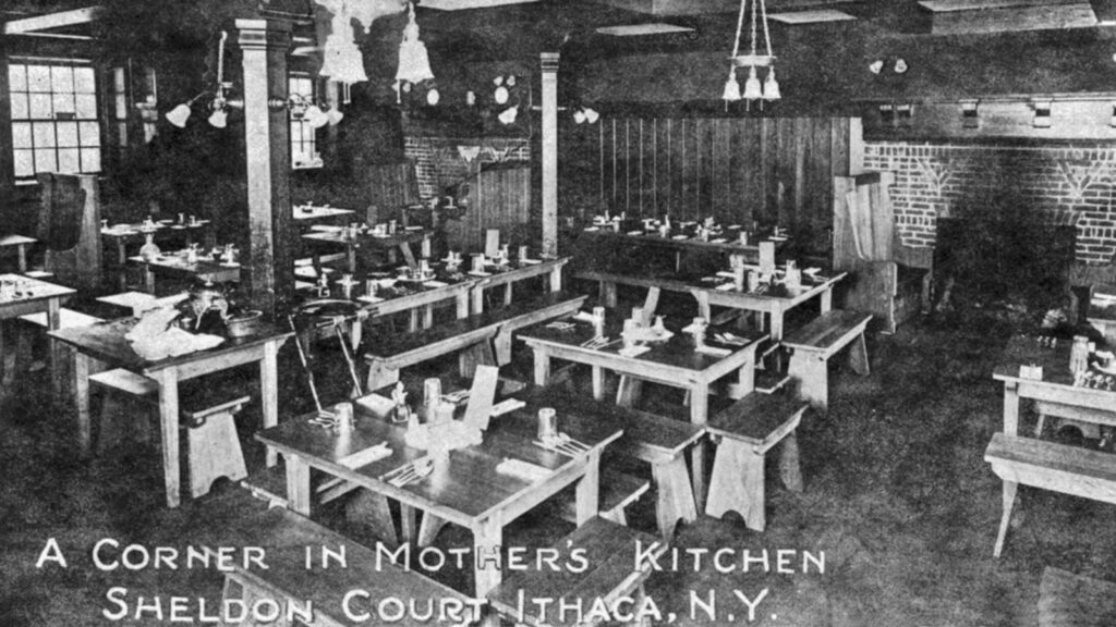 postcard showing an interior view of the Mother's Kitchen restaurant in Sheldon Court in the early 20th century