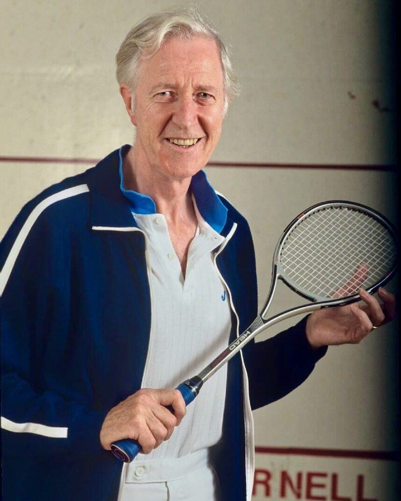 Frank H.T. Rhodes, outfitted for one of his frequent squash games, in 1997