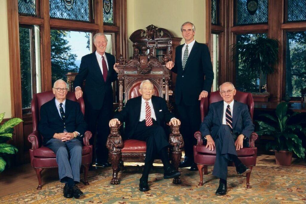 Former Cornell presidents gather for the inauguration of Hunter Rawlings III as Cornell's tenth president in 1995 (from left to right, James Perkins, Frank H.T. Rhodes, Deane Malott, Rawlings, and Dale Corson