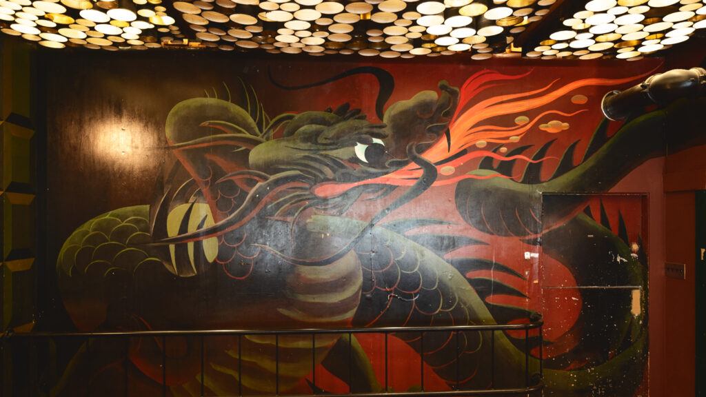 the dragon mural in the Green Dragon Café, pictured in 2026