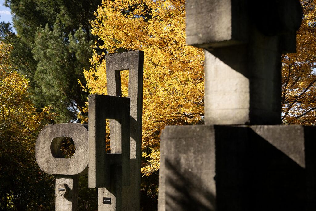 The sculpture garden in the Cornell Arboretum with yellow and green foliage in the background.