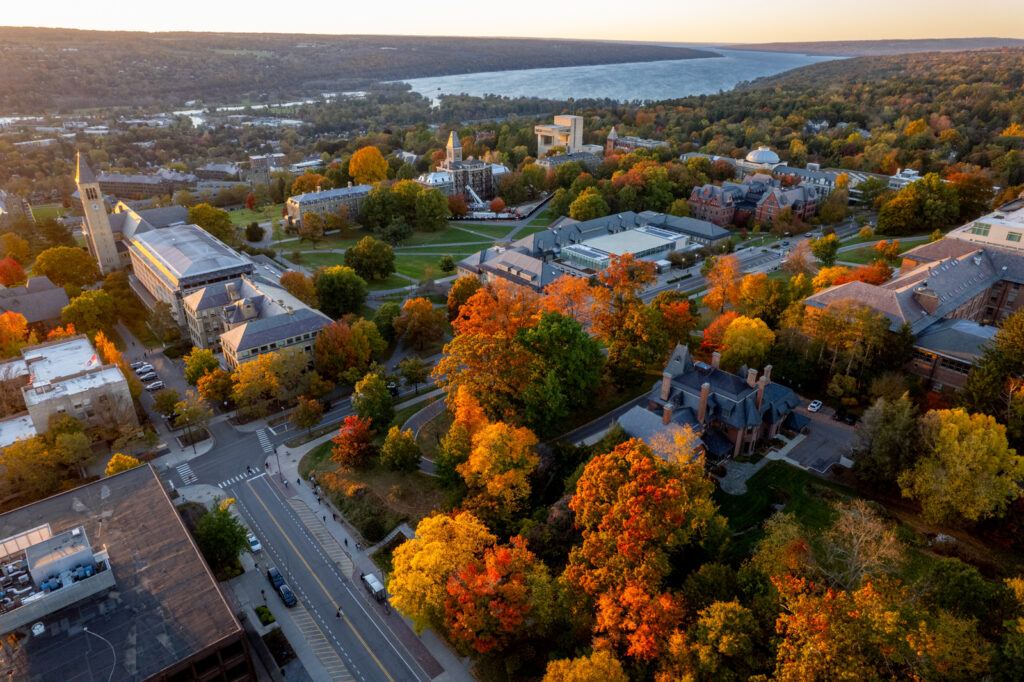 A view from above of the fall foliage in shades of reds, oranges, yellows, and greens along Tower Road and the Arts Quad with Cayuga Lake in the distance.