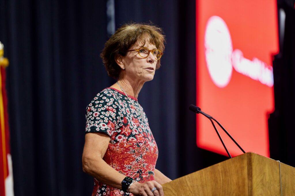 Anne Meinig Smalling ’87, chair of the Cornell Board of Trustees, delivers welcome remarks prior to the State of the University Address October 15, 2026 in the new Meinig Fieldhouse