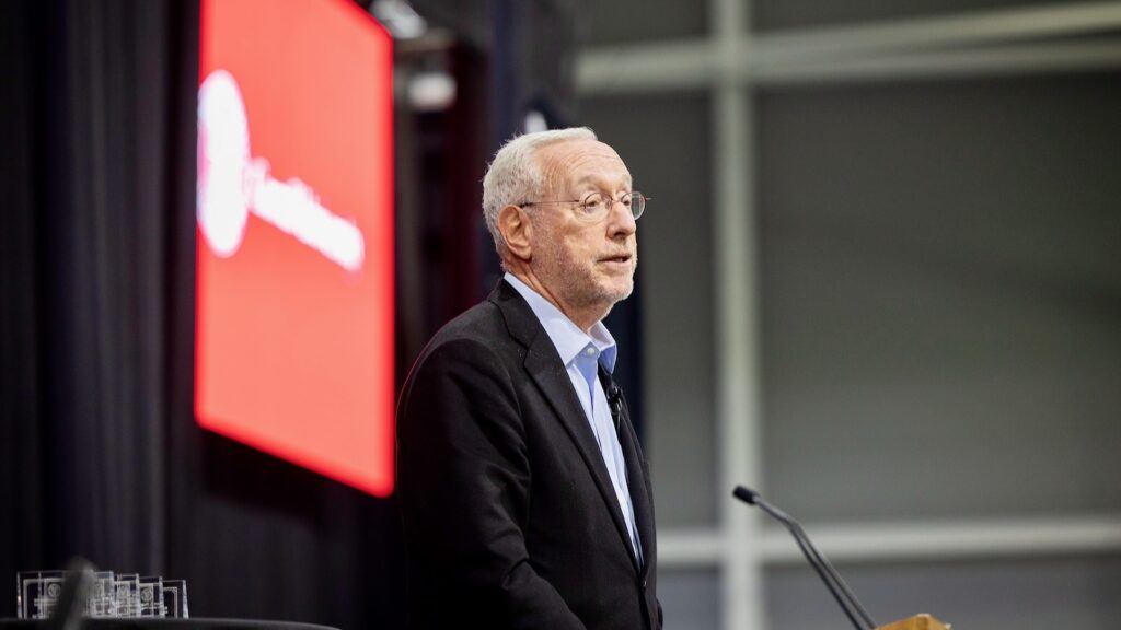 President Michael Kotlikoff delivers the State of the University Address October 15, 2026 in the new Meinig Fieldhouse