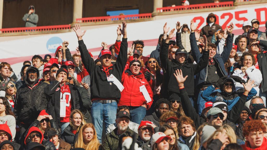 Spectators in the stands cheer and put their hands in the air while watching the game.
