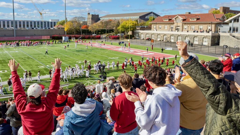 Fans in the bleachers cheer while watching the game.