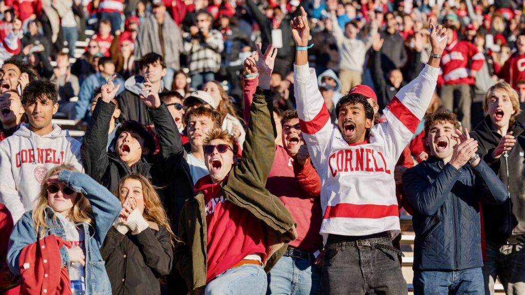 Spectators wearing Cornell clothing cheer and jump in the air while watching the football game.