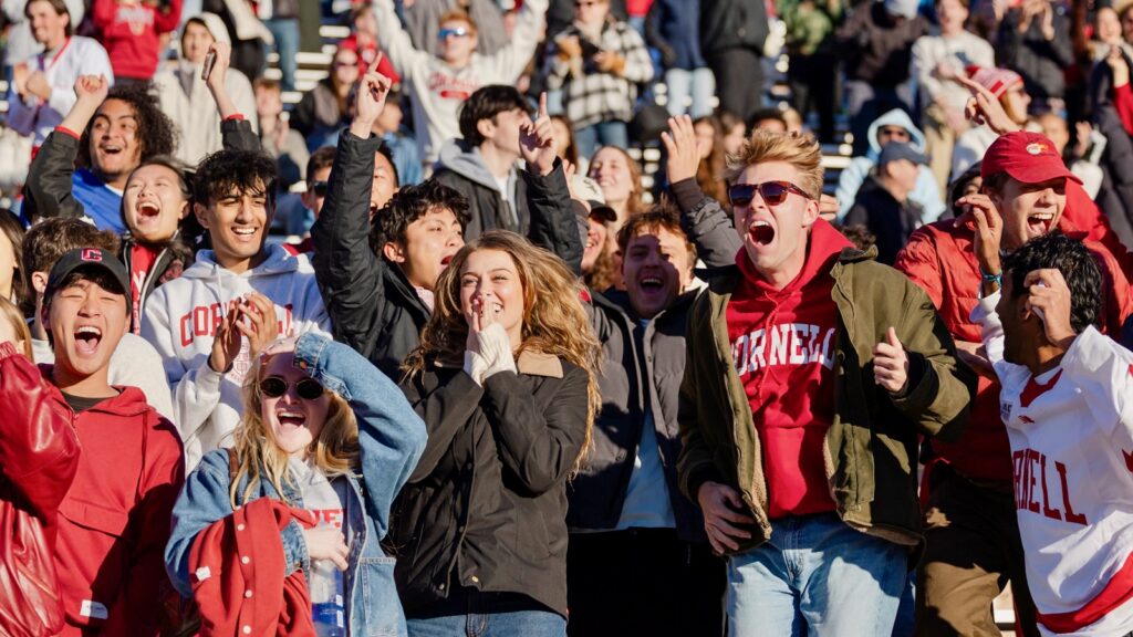 Spectators wearing Cornell clothing cheer and jump in the air while watching the football game.