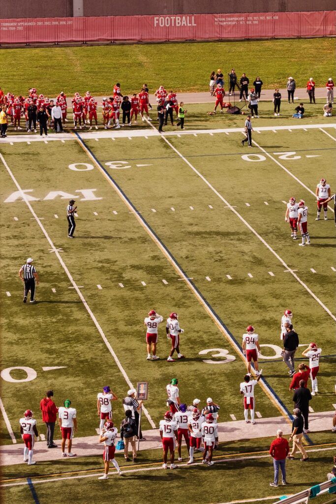 A view from above of the football field during the game.