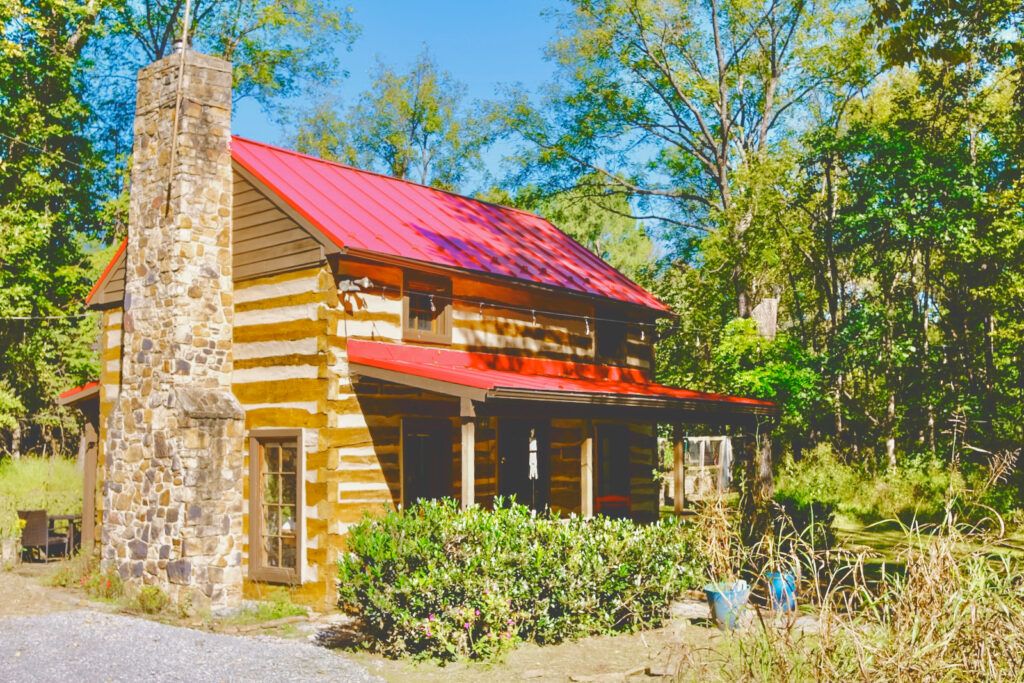 exterior view of the 450-square-foot log cabin
