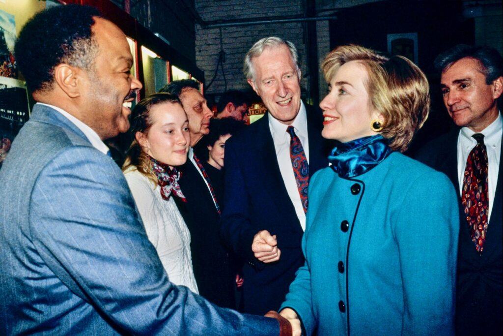 Frank H.T. Rhodes during a campus visit with then-First Lady Hillary Clinton, 1993