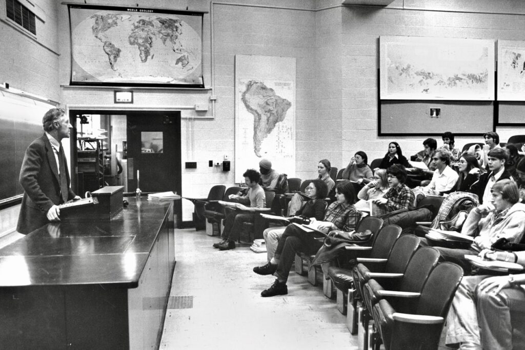 Frank H.T. Rhodes lectures in a classroom early in his presidency