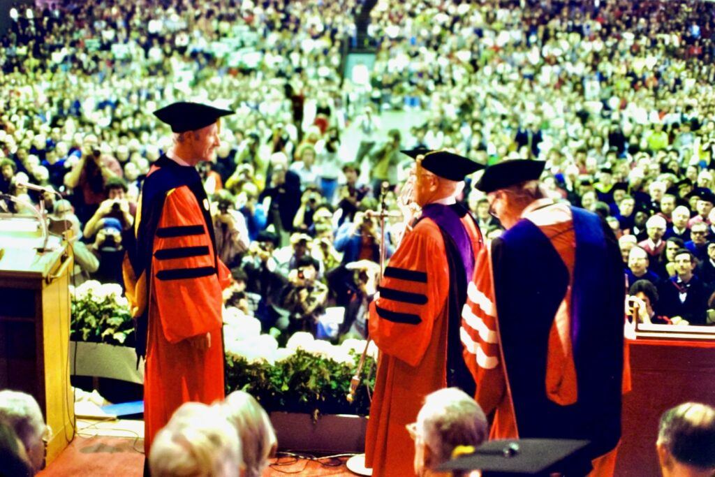 Frank H.T. Rhodes at his presidential inauguration in 1977