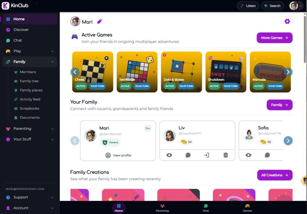 A screenshot of a KinClub page showing 'active games'