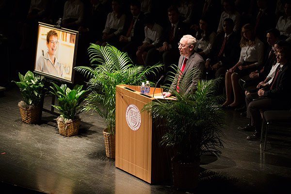 Provost and Acting President Michael Kotlikoff speaks at the memorial gathering for President Elizabeth Garrett in Bailey Hall. Many alumni joined the gathering remotely, watching the event via live stream.