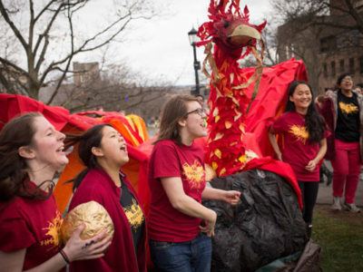 Engineering students and their phoenix on Dragon Day