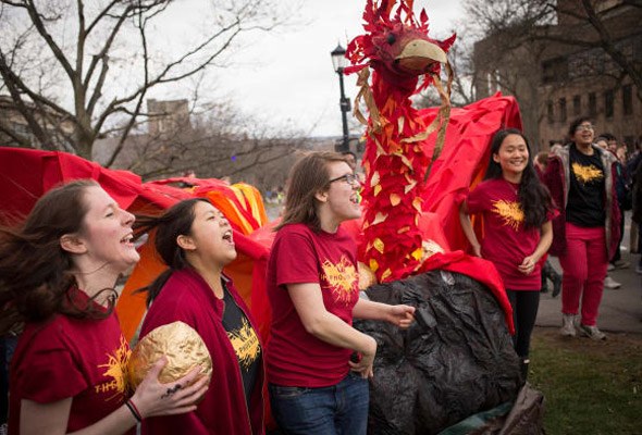 Engineering students and their phoenix on Dragon Day