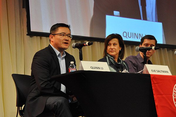 Quinn Li, MBA '03, vice president and managing director of North America at Qualcomm and Eve Saltman '86, deputy general counsel at Go Pro, speak on a panel at CSV16.