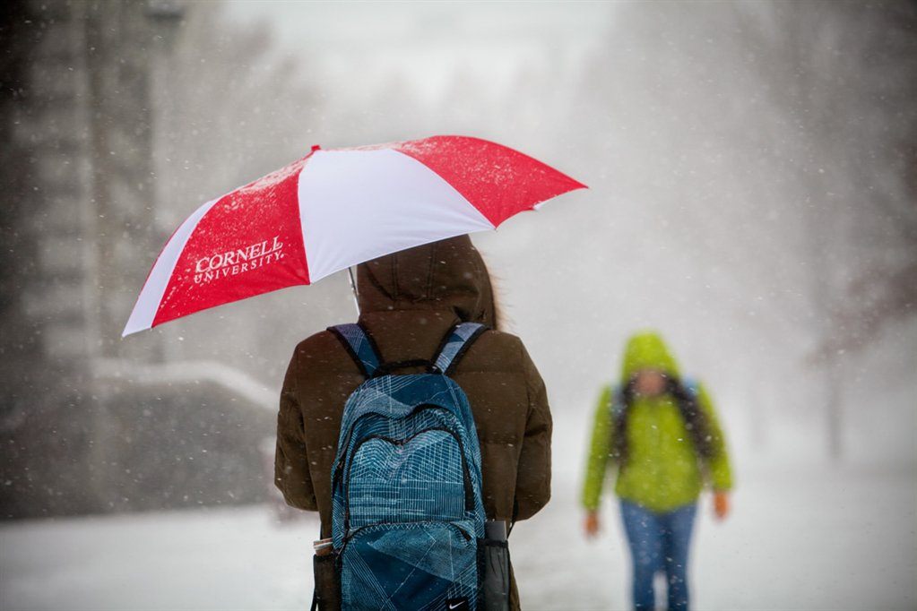 Students on the Arts Quad in winter. Cornell umbrella stands out on a snow-filled day.