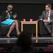 Justice Debra A. James ’75, JD ’78 discusses a point with Eduardo Peñalver ’94, Allan R. Tessler Dean and Professor of Law, after giving the 2018 Olin Lecture in Bailey Hall.