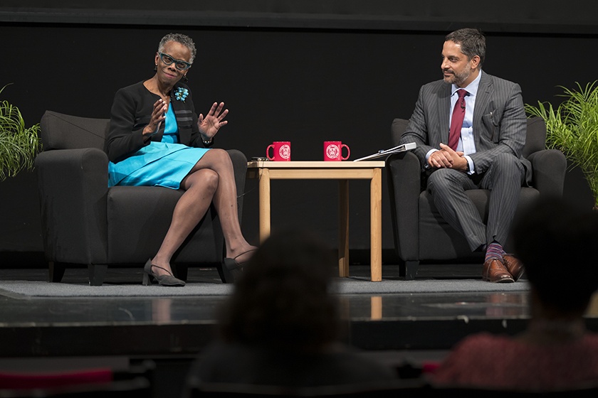 Justice Debra A. James ’75, JD ’78 discusses a point with Eduardo Peñalver ’94, Allan R. Tessler Dean and Professor of Law, after giving the 2018 Olin Lecture in Bailey Hall.