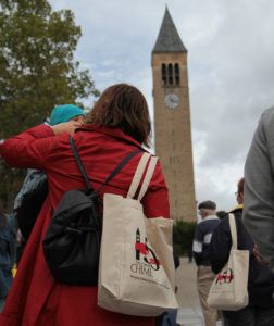 Spectators celebrate the sesquicentennial of the Cornell Chimes, listening to a concert from Ho Plaza.