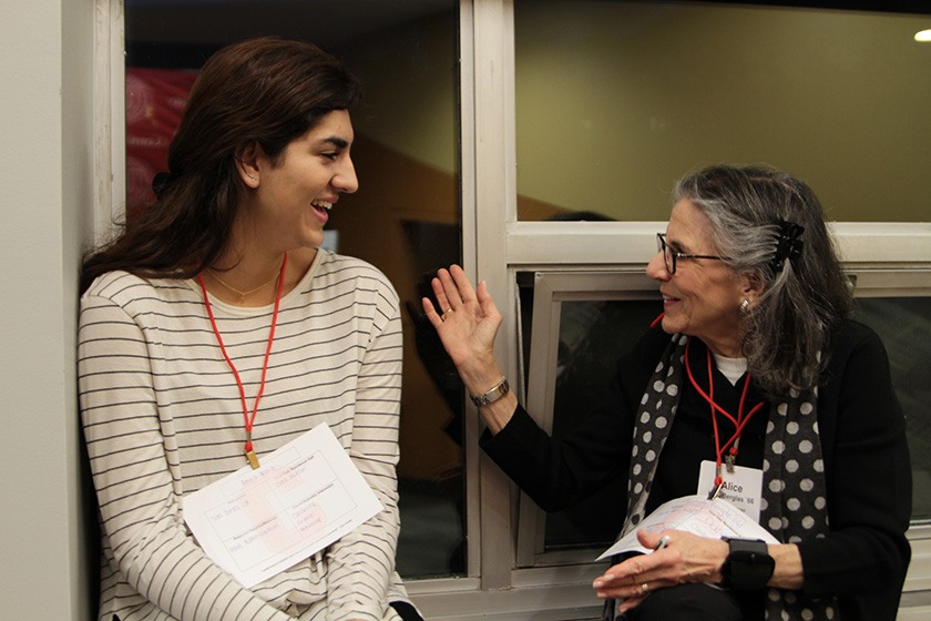 Amira Walia ’22 and Alice Katz Berglas ’66, a life member of the Cornell University Council, get to know one another.