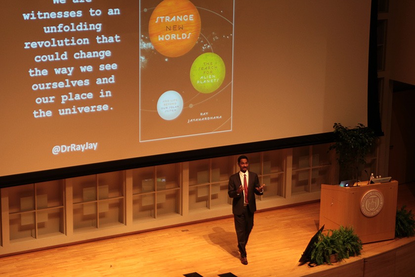 Ray Jayawardhana, Harold Tanner Dean of Arts & Sciences, gives the keynote address on the Statler Auditorium stage..