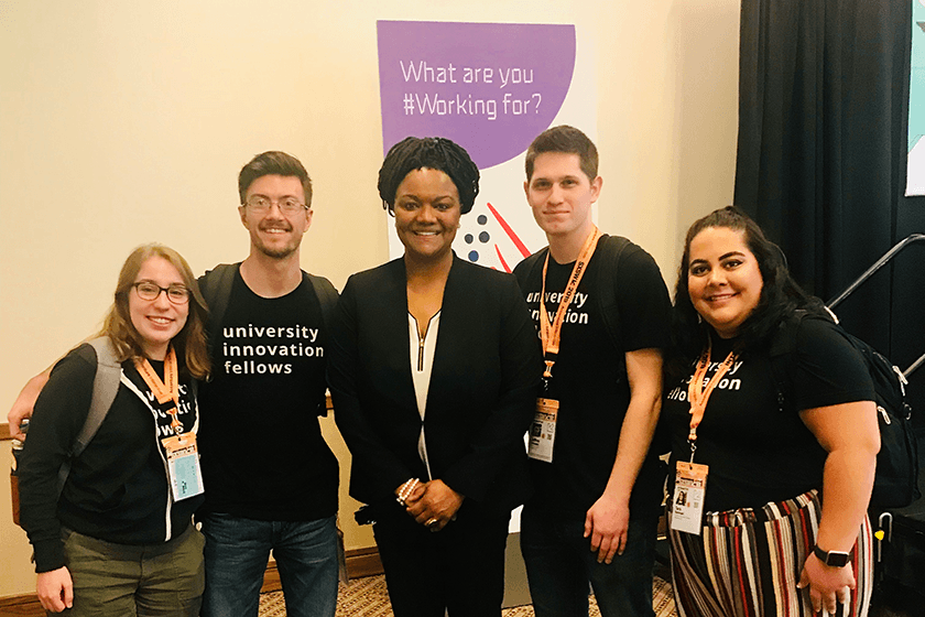 Michelle Berry MPS '92 with four people who attended her SXSW presentation