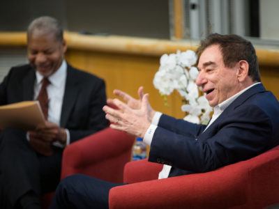 Dr. Leonard Schleifer ’73, the 2019 Cornell Entrepreneur of the Year, talks with Lance Collins, the Joseph Silbert Dean of Engineering, April 11.