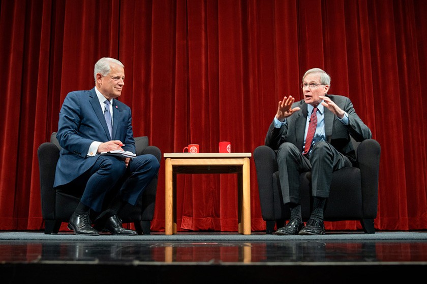 Former national security adviser Stephen J. Hadley ’69 talking on stage with former Rep. Steve Israel, left, director of Cornell’s Institute of Politics and Global Affairs.