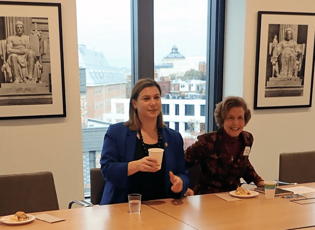 Congresswoman Elissa Slotkin ’98 (left) and host Eileen Mason ’64 open up the discussion.