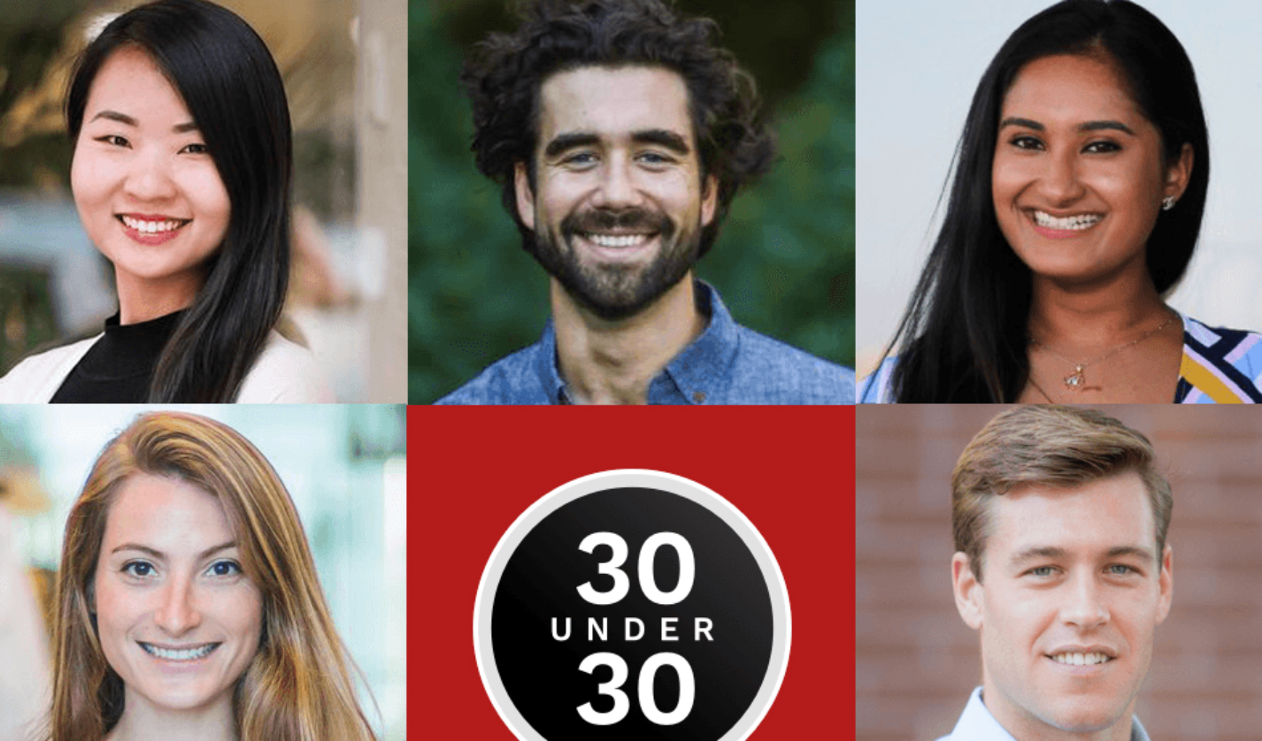 Five Cornell Forbes 30 Under 30 listmakers participated in a digital event on January 30, 2020. Top row from left to right: Sharon Li PhD ’17, Gabe Kennedy ’14, Nikita Gupta ’17. Bottom row from left to right: Erica Barnell ’13, Alexander Fotsch ’12.