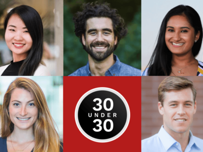 Five Cornell Forbes 30 Under 30 listmakers participated in a digital event on January 30, 2020. Top row from left to right: Sharon Li PhD ’17, Gabe Kennedy ’14, Nikita Gupta ’17. Bottom row from left to right: Erica Barnell ’13, Alexander Fotsch ’12.