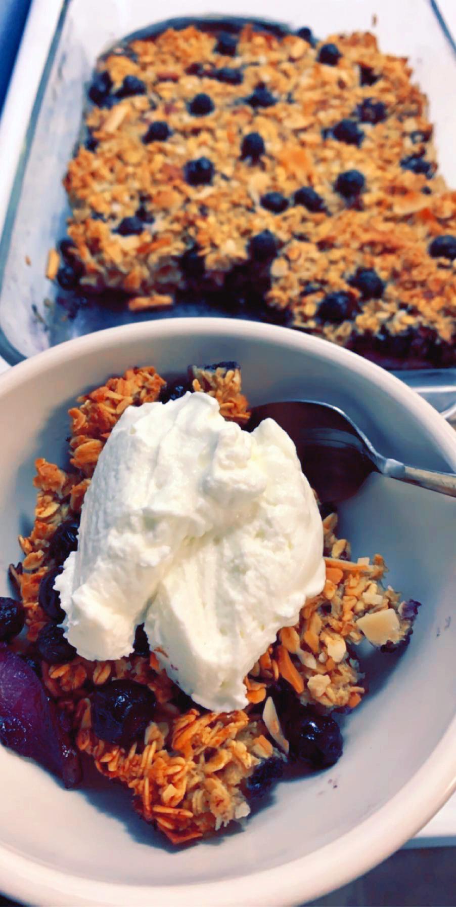 With no flour or sugar, Sofia has been baking lots of “crisp/crumble” recipes with oats.