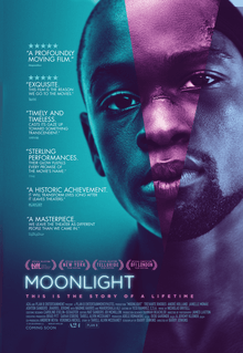 Moonlight film poster with African American man, credits, and promotional quotes